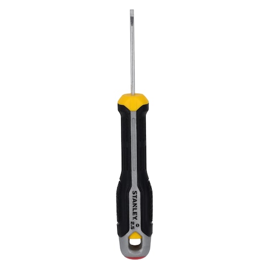 STANLEY FMHT65710-0 slotted screwdriver, black and yellow handle, front view on white background.