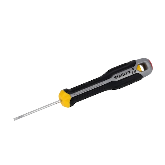 STANLEY FMHT65710-0 precision slotted screwdriver with black and yellow handle, side angle, white background.