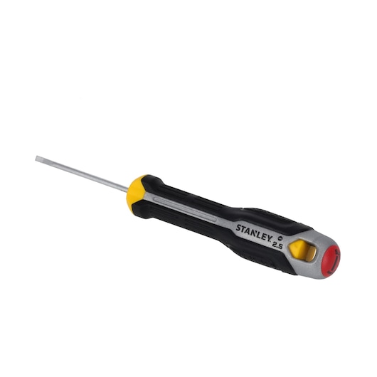 STANLEY FMHT65710-0 slotted screwdriver with black, yellow, and silver handle, angled on white background.