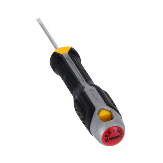 STANLEY FMHT65710-0 slotted screwdriver, black and yellow handle, product photo on white background.