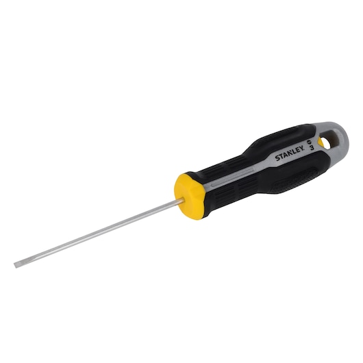 STANLEY FMHT65711-0 flathead screwdriver with black and yellow handle, side angle on white background.