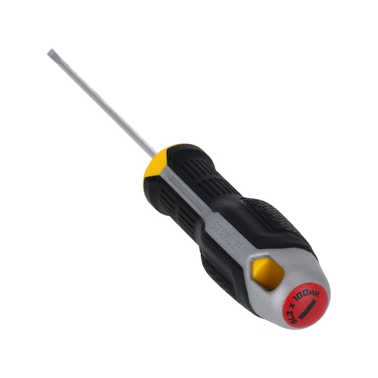 Photo of STANLEY FMHT65711-0 slotted screwdriver, black and yellow handle, side angle, white background.