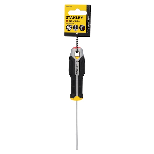 Photo of STANLEY SL3 100mm screwdriver FMHT65711-0, black and yellow handle, front angle on white background.