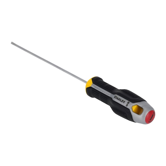 STANLEY FMHT65712-0 screwdriver with black, yellow and red ergonomic handle, side angle on white background.