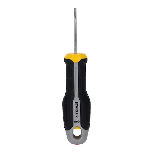 STANLEY FMHT65713-0 slotted screwdriver with black and yellow handle, front view on white background.
