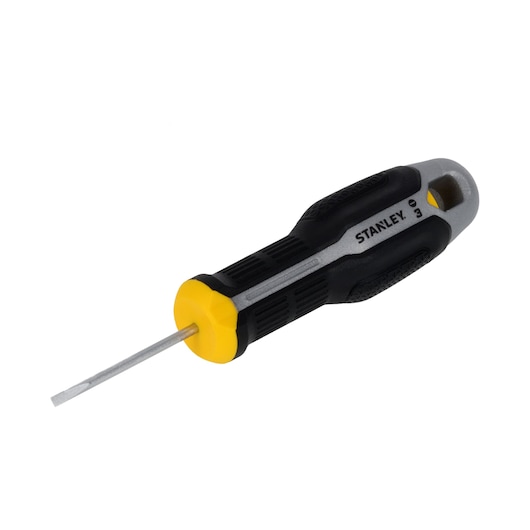 STANLEY FMHT65713-0 photography of slotted screwdriver with black, grey and yellow handle, angled view.
