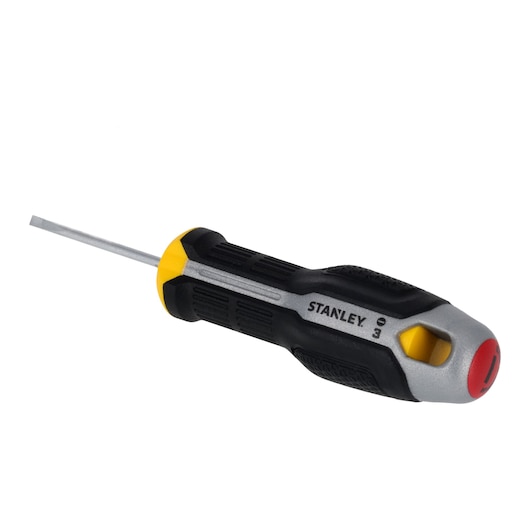 STANLEY FMHT65713-0 flathead screwdriver with black and yellow ergonomic handle, side angle, white background.