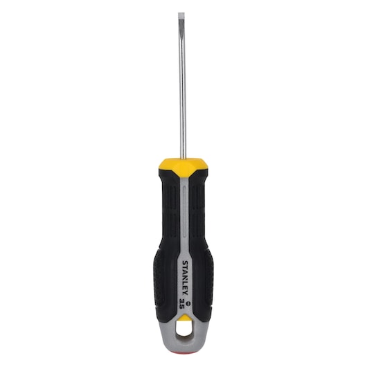STANLEY FMHT65714-0 slotted screwdriver with black and yellow ergonomic handle, front angle on white background.