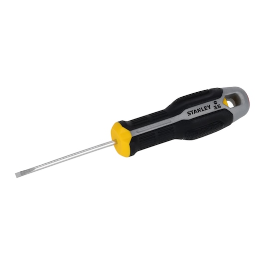STANLEY FMHT65714-0 slotted screwdriver with yellow and black ergonomic handle, side view on white background.
