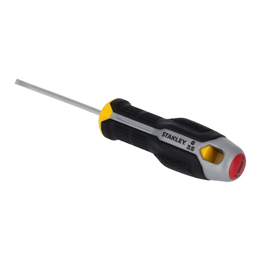 STANLEY FMHT65714-0 slotted screwdriver with black and yellow ergonomic handle, angled view on white background.