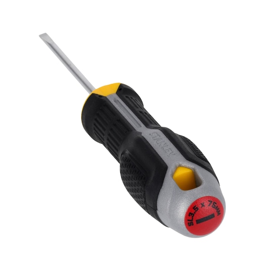 STANLEY FMHT65714-0 slotted screwdriver with black and yellow ergonomic handle, angled product photography.