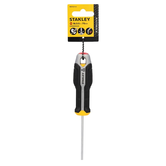 Front view of STANLEY screwdriver SL 3.5 x 75mm, SKU FMHT65714-0, with black and yellow handle on white background.
