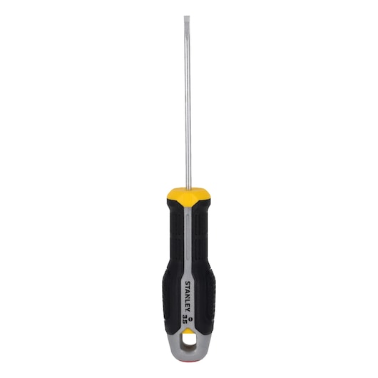 STANLEY FMHT65715-0 slotted screwdriver with black and yellow handle, front view, white background.