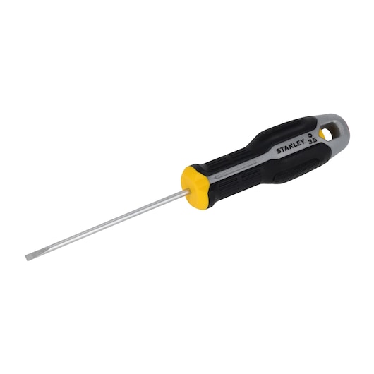 STANLEY FMHT65715-0 slotted screwdriver with black and yellow handle, side angle, white background.