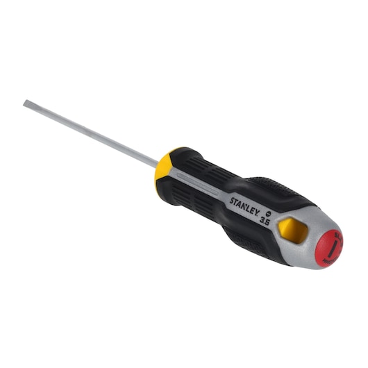 STANLEY FMHT65715-0 screwdriver, slotted tip, black and yellow ergonomic handle, front angle on white background.
