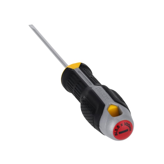 STANLEY FMHT65715-0 slotted screwdriver with black and yellow ergonomic handle, angled on white background.