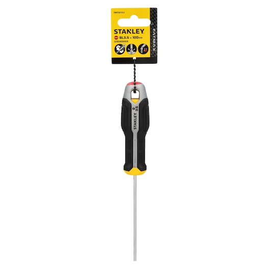 Photo of STANLEY FMHT65715-0 slotted screwdriver, black and yellow handle, retail packaging, front view.
