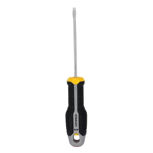 STANLEY FMHT65716-0 flathead screwdriver with black and yellow handle, front view, white background.