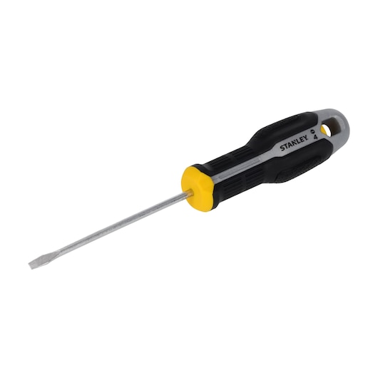 STANLEY FMHT65716-0 flathead screwdriver with black and yellow ergonomic handle, side angle photo.