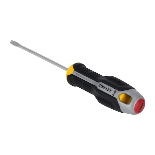 STANLEY FMHT65716-0 flathead screwdriver, black and yellow handle, angled on white background.
