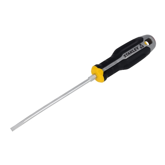 Photo of STANLEY FMHT65718-0 slotted screwdriver with black and yellow handle, side angle on white background.