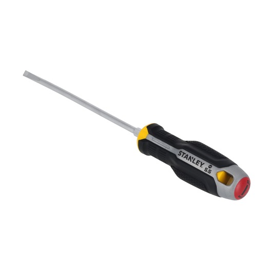 STANLEY FMHT65718-0 slotted screwdriver with black and yellow ergonomic handle, side angle, white background.