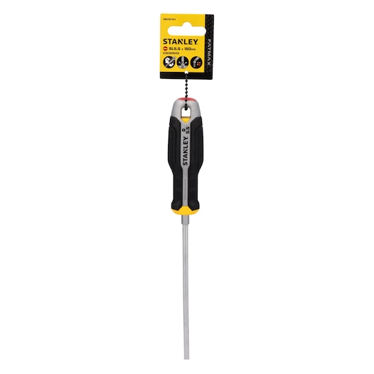 Photo of STANLEY FMHT65718-0 slotted screwdriver with black and yellow handle, front view on white background.