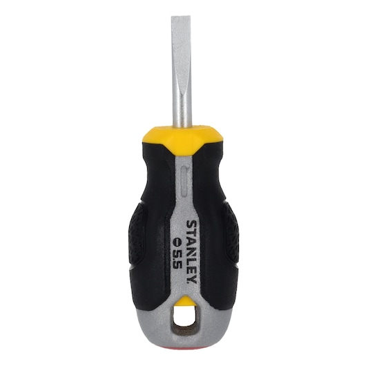 Photo of STANLEY FMHT65719-0 stubby flathead screwdriver with black, yellow, and silver handle, front view.