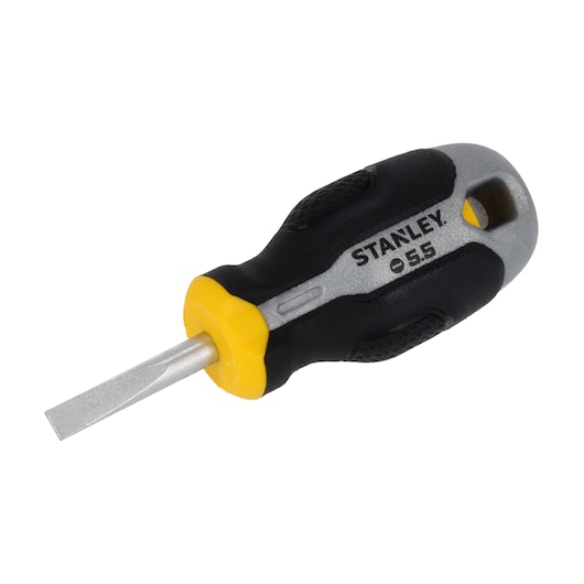Photo of STANLEY FMHT65719-0 stubby flathead screwdriver with black, yellow, and gray handle, angled on white background.