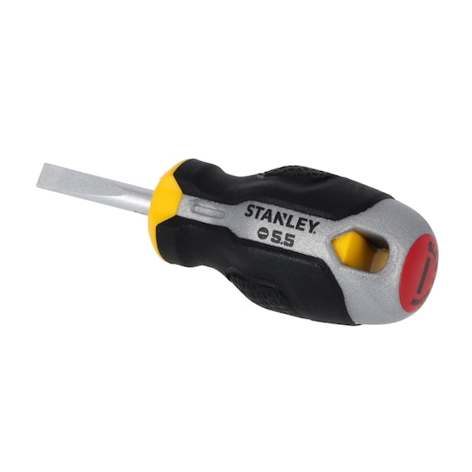 STANLEY FMHT65719-0 stubby slotted screwdriver with black and yellow ergonomic handle, side view on white background.