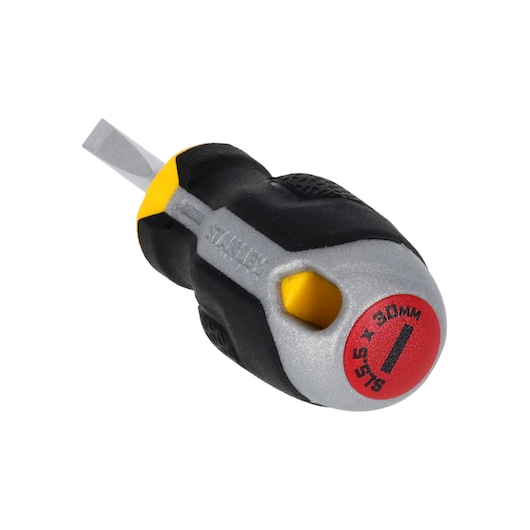 STANLEY FMHT65719-0 stubby flathead screwdriver, black and yellow handle, front angle on white background.