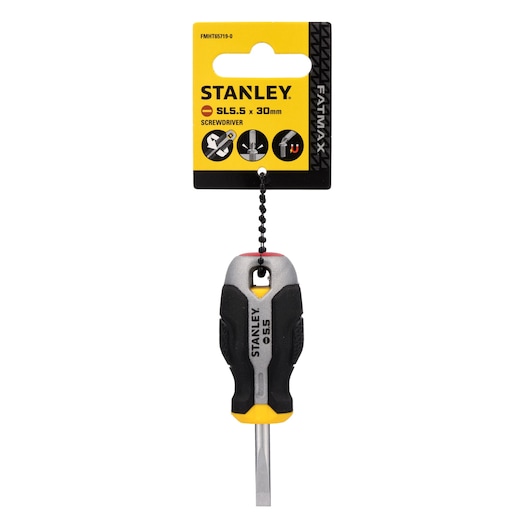 Photo of STANLEY FMHT65719-0 stubby SL5.5 x 30mm screwdriver with black and yellow handle, front angle.
