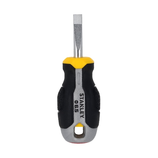 STANLEY FMHT65720-0 stubby flathead screwdriver with black and yellow handle, front view, white background.