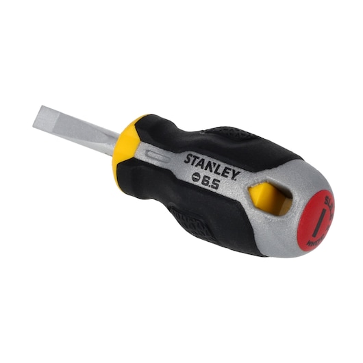 STANLEY FMHT65720-0 stubby flathead screwdriver with black and yellow ergonomic handle, side angle, white background.