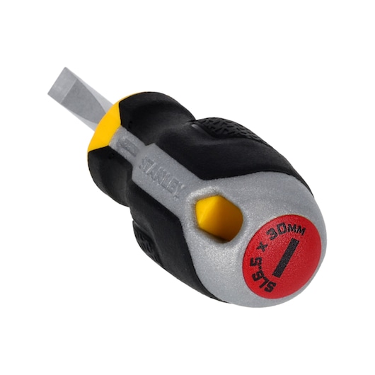 STANLEY FMHT65720-0 stubby flathead screwdriver with black and yellow ergonomic handle, product angle view.