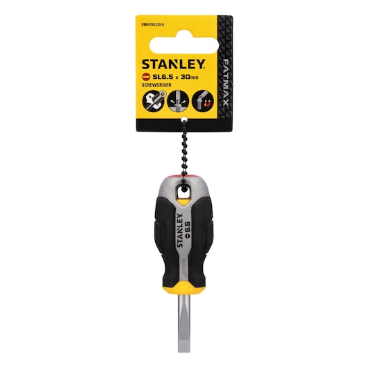 Stanley short flathead screwdriver FMHT65720-0, SL6.5 x 30mm, black and yellow handle, front view on white.