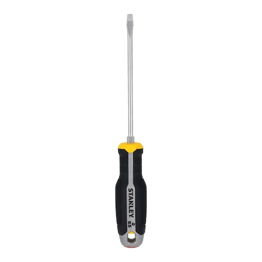 STANLEY FMHT65721-0 slotted screwdriver with black and yellow handle, front angle, white background.