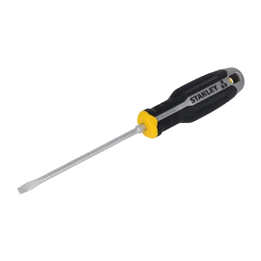 STANLEY FMHT65721-0 flathead screwdriver with black and yellow handle, side angle on white background.