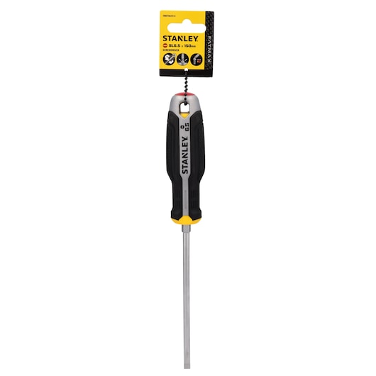 STANLEY FMHT65721-0 slotted screwdriver, black and yellow handle, 150mm shaft, front view on white.