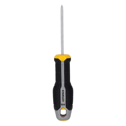 STANLEY FMHT65722-0 Phillips screwdriver with black and yellow grip, front angle on white background.