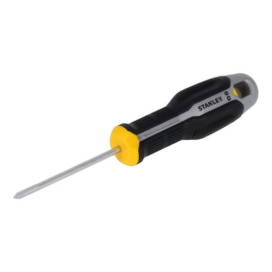 STANLEY FMHT65722-0 screwdriver with black and yellow ergonomic handle, angled view on white background.