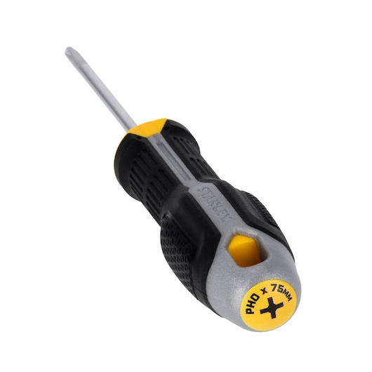 Stanley FMHT65722-0 Phillips screwdriver, 75mm length, black and yellow, front angle photo.