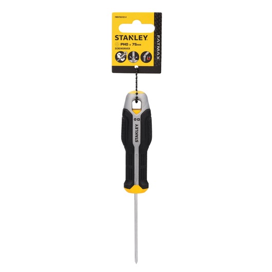 STANLEY PH0 x 75mm screwdriver FMHT65722-0, black and yellow handle, product on white background, front view.