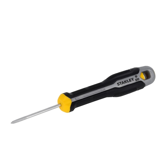 Photo of STANLEY FMHT65723-0 screwdriver with black, yellow, and grey ergonomic handle, side angle on white background.