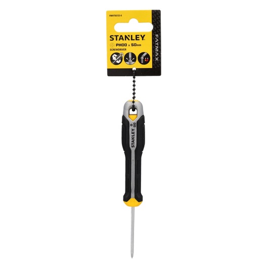 Photo of STANLEY screwdriver PH00 x 50mm, SKU FMHT65723-0, black and yellow handle, hanging, front view.