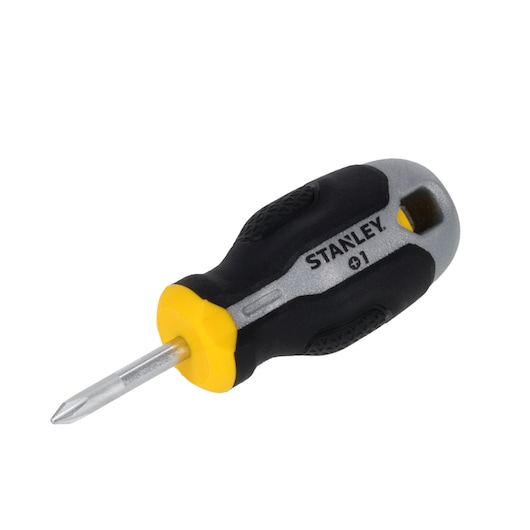 STANLEY FMHT65724-0 stubby Phillips screwdriver with black, yellow, and silver handle, product photo angled on white background.