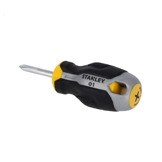 STANLEY FMHT65724-0 stubby Phillips screwdriver, black and yellow handle, side angle photo.