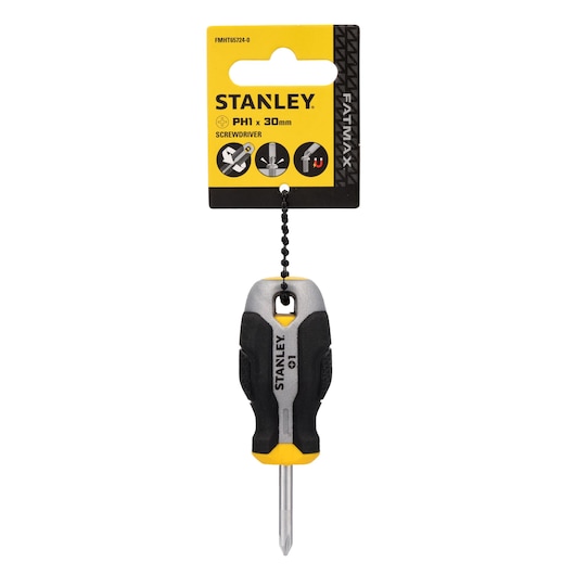 Photo of STANLEY FMHT65724-0 stubby PH1 x 30mm screwdriver with yellow and black handle, front on white background.
