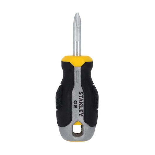 STANLEY FMHT65726-0 stubby Phillips screwdriver with black and yellow ergonomic handle, front view on white background.