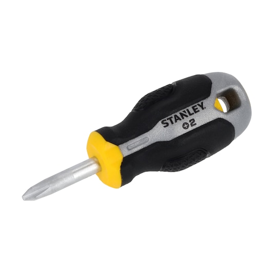 STANLEY FMHT65726-0 stubby Phillips screwdriver with black, yellow, and gray handle, side angle, white background.
